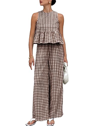 Womens 2 Piece Gingham Sets Sleeveless Summer Matching Sets