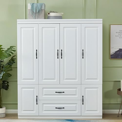 4 Door Armoire Wardrobe Closet, Wood 2 Drawers Armoire Storage Cabinet for Large Capacity, White Bedroom Armoires for Clothes with Hanging Rod and 5 Storage