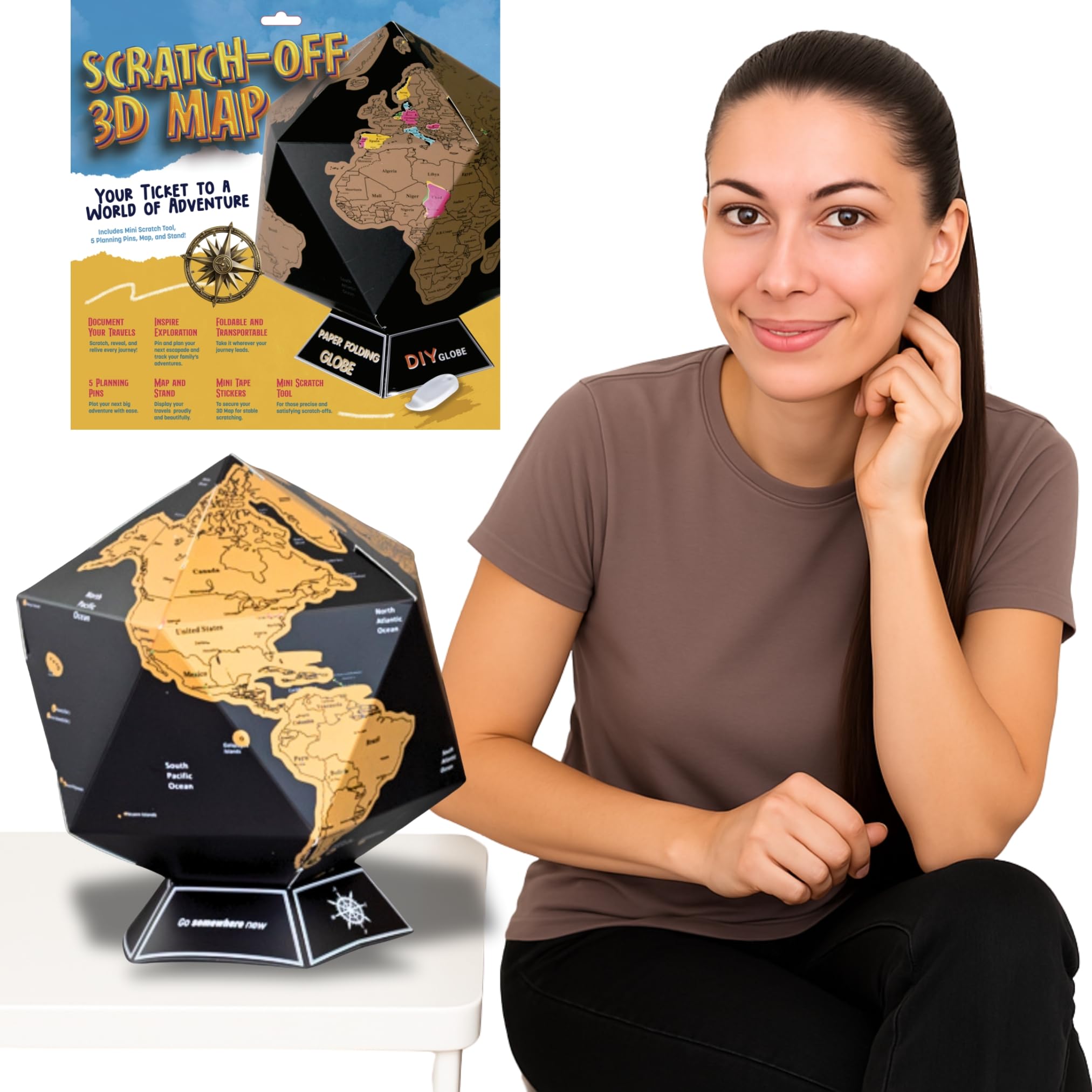 5 Minute Build It Scratch Off World Map - Fun Stylish 3D Scratch Off Globe For Children and Adults With Planning Pins and Stand - World Map Adventure Planner - Kids Globe, Adults Love It Too