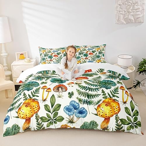 Miniatura 24 de Juego de funda de edredón de 3 piezas, diseño de hongos, diseño de hojas botánicas de acuarela y fresa, para niños, adolescentes, adultos, libélula