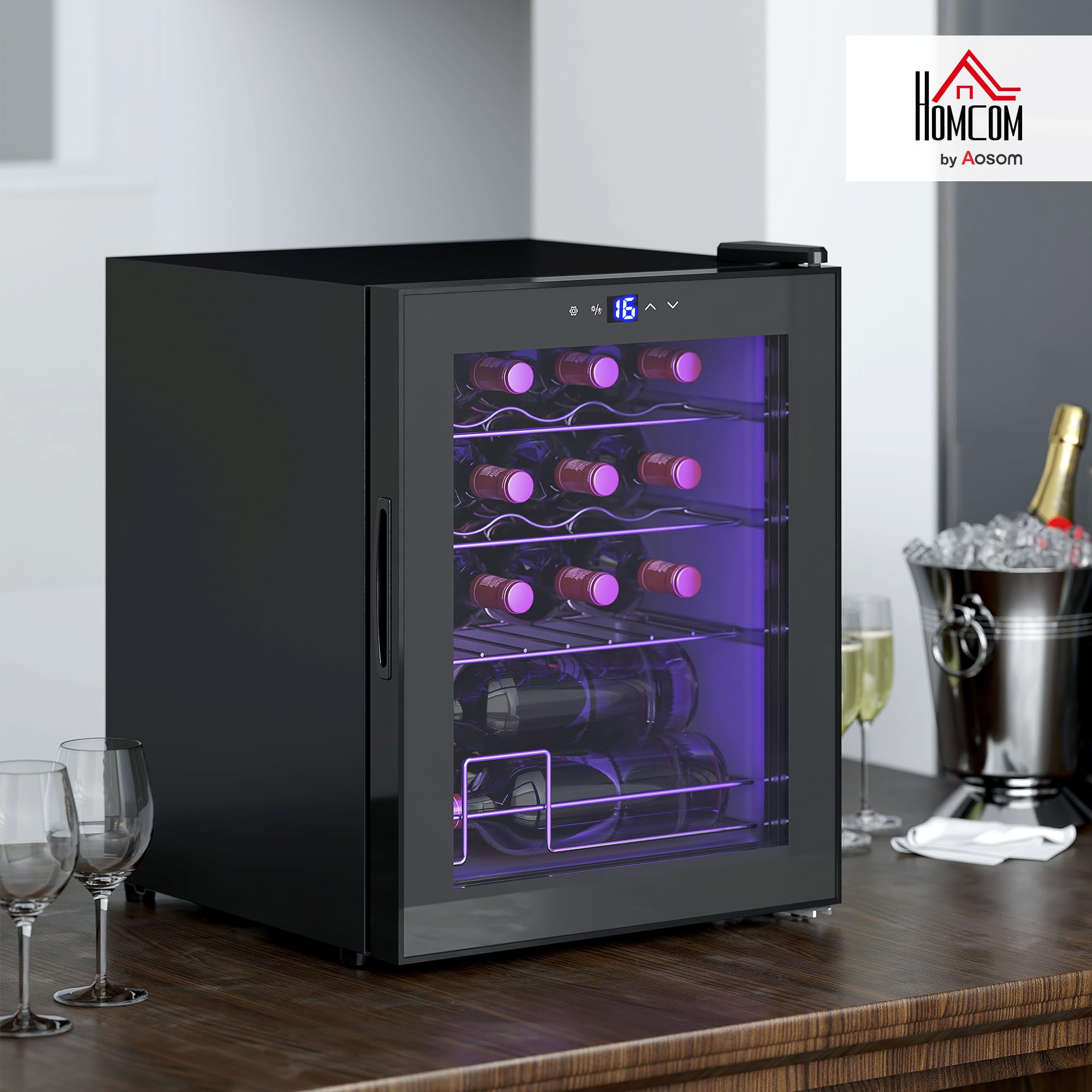 HOMCOM Cave à Vin 16 Bouteilles 42L, Réfrigérateur à Vin et Boissons avec Température Réglable 5-18°C, Porte en Verre Trempé, Étagères Ajustables, Écran Tactile, Éclairage LED, Noir