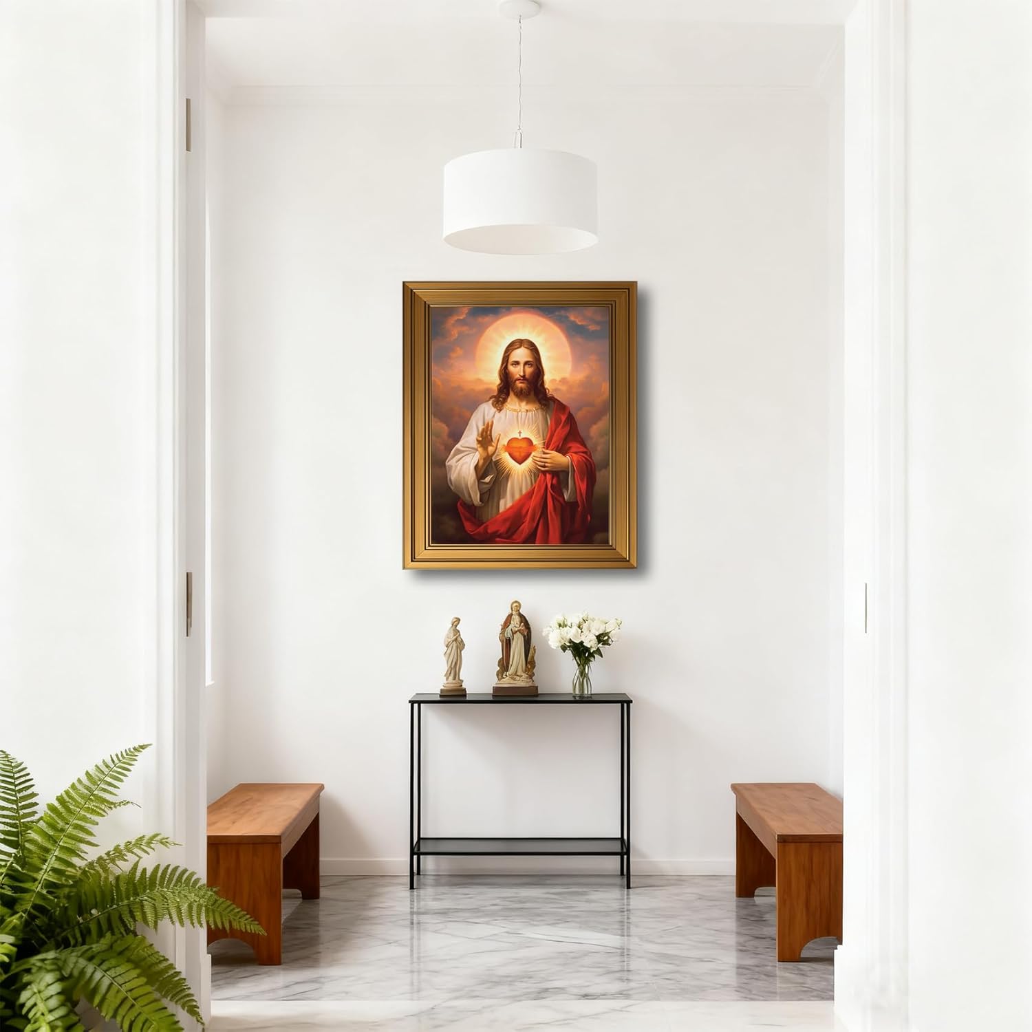 Vintage Gold Framed Jesus Wall Art Sacred Heart of Jesus Picture Wall Decor Divine Mercy Picture Canvas Prints Christ Portrait Christian Religious Artwork for Living Room Bedroom(12x16inch)