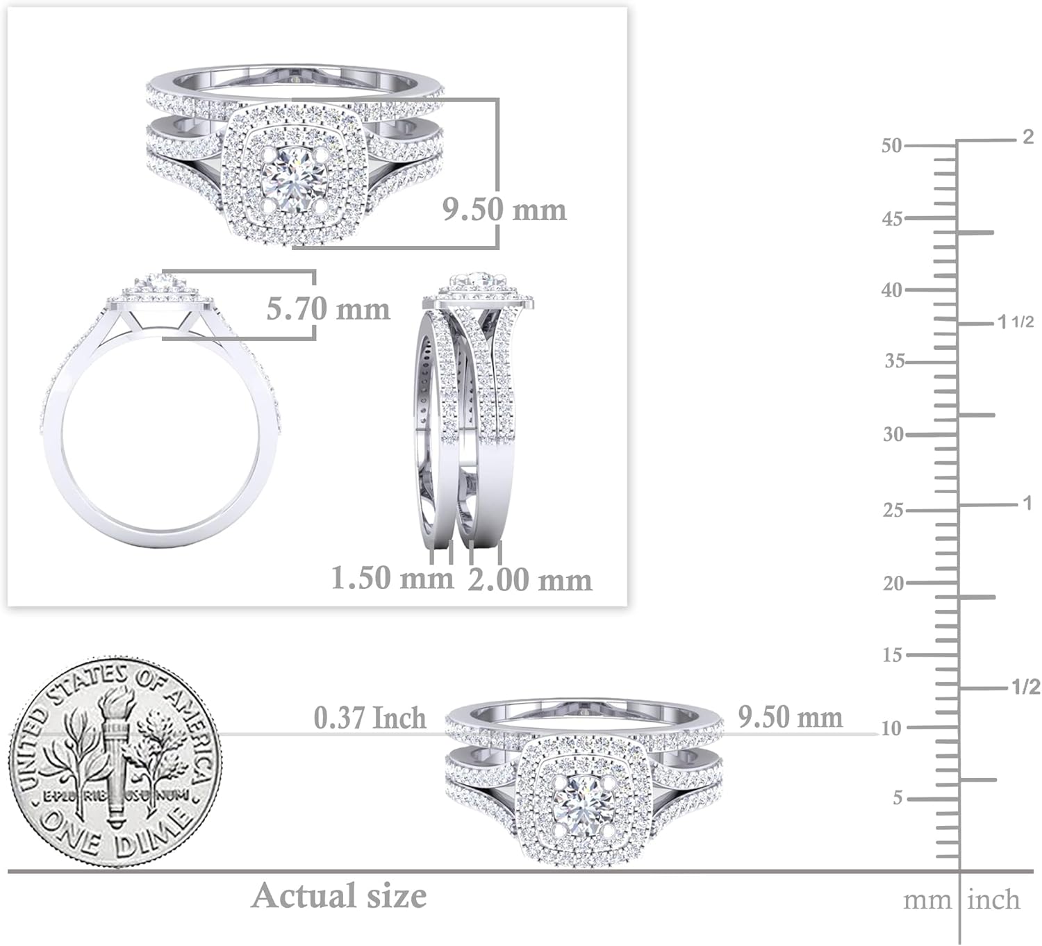 Dazzlingrock Collection 1.50 Ctw Round White Cubic Zirconia Halo Split Shank Engagement Ring Set for Her in 10K Real Solid Gold
