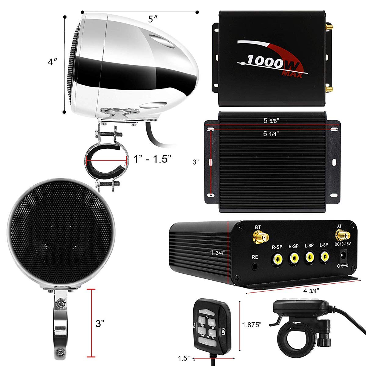 Amplificatore moto 1000 W, 4 canali, impermeabile, Bluetooth, per Harley Cruiser ATV UTV, sistema audio con AUX, USB, SD, FM Radio per manubrio
