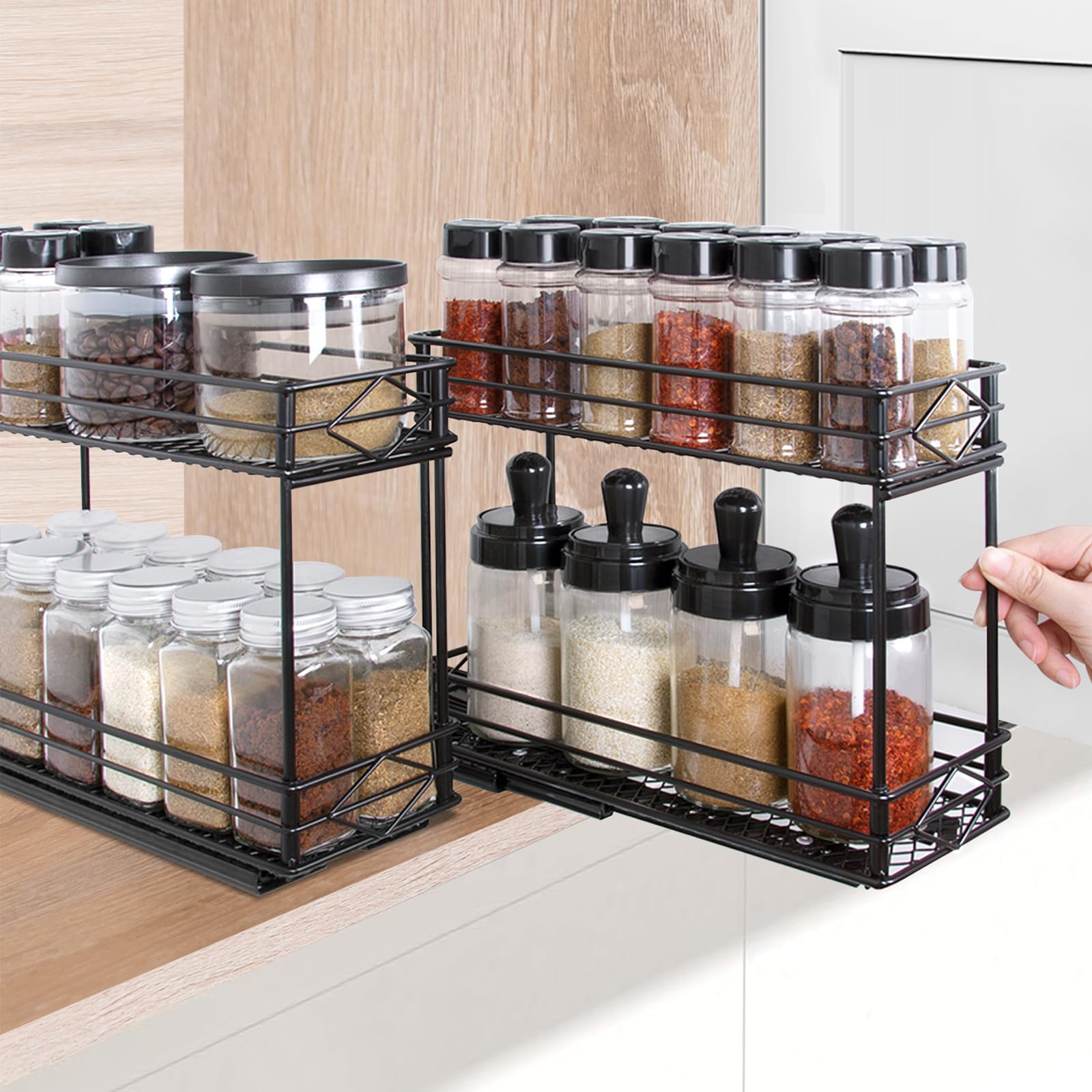 EasyVibe Organizador de especias, 2 unidades, estantería de almacenamiento de 2 niveles, para cocina, estante de especias, organizador de armario de cocina, organizador con armario, botellas de