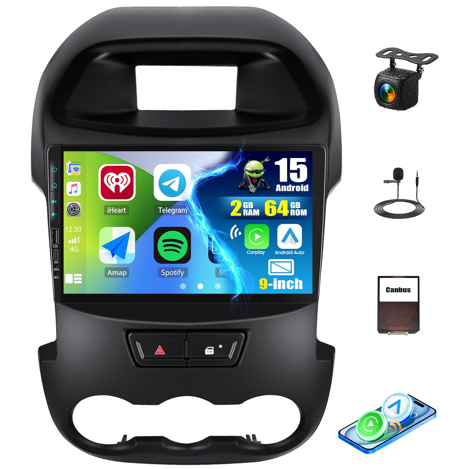CAMECHO 2G+64G Android 15 Autoradio für Ford Ranger PX mit Navi Carplay Android Auto, 9-Zoll Bildschirm Doppel Din Autoradio mit Bluetooth RDS EQ Mirror Link+Rückfahrkamera
