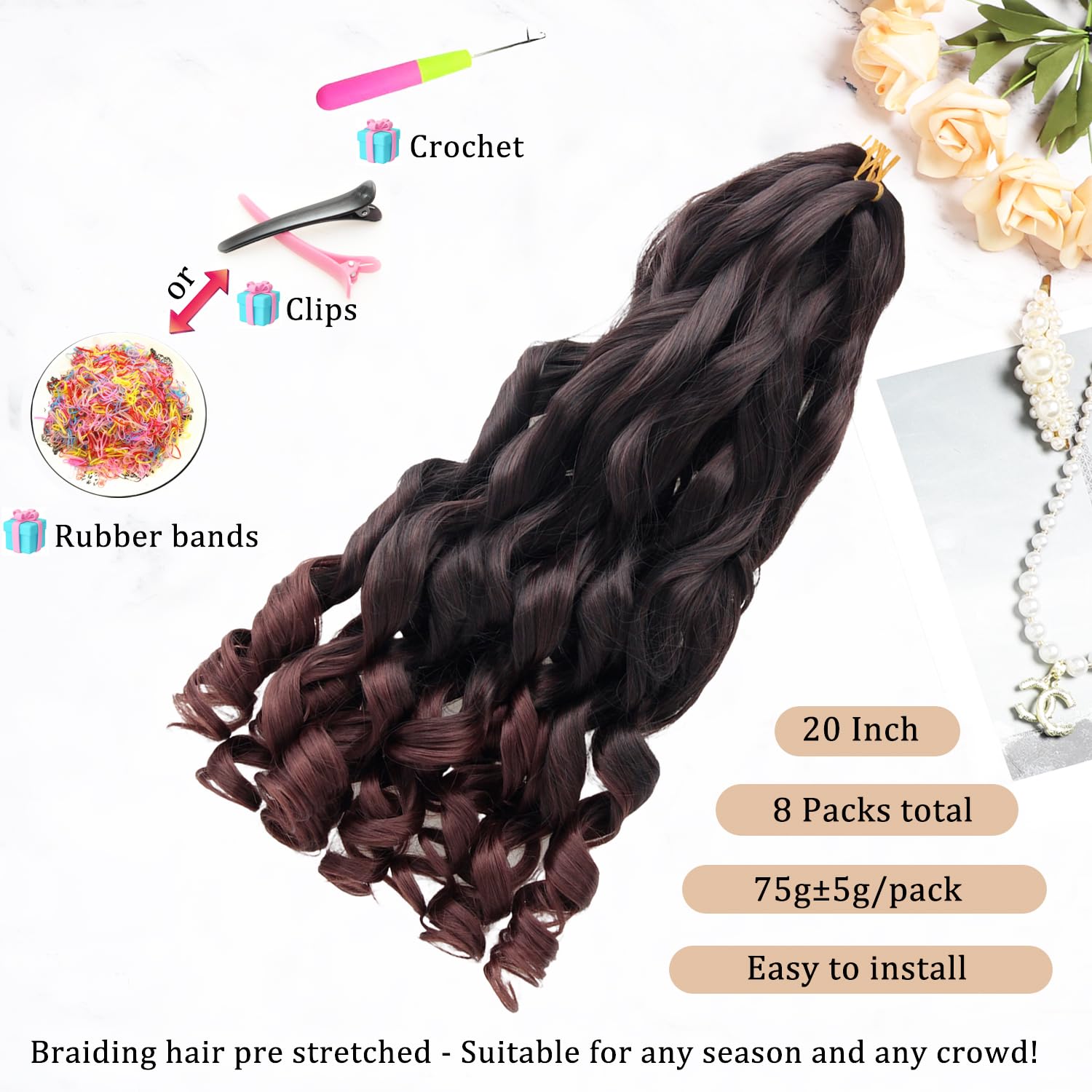French Curl Braiding Hair 20Inch 8Packs French Curl Crochet Braids Short Curly Crochet Hair Skin-friendly Bouncy Synthetic knotless Braiding Extensions (1B/33, 20 inch)