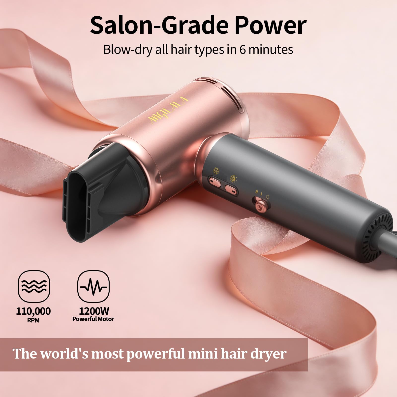Pink Dual Voltage Travel Mini Hair Dryer, 110,000 RPM, EU/UK Adapters