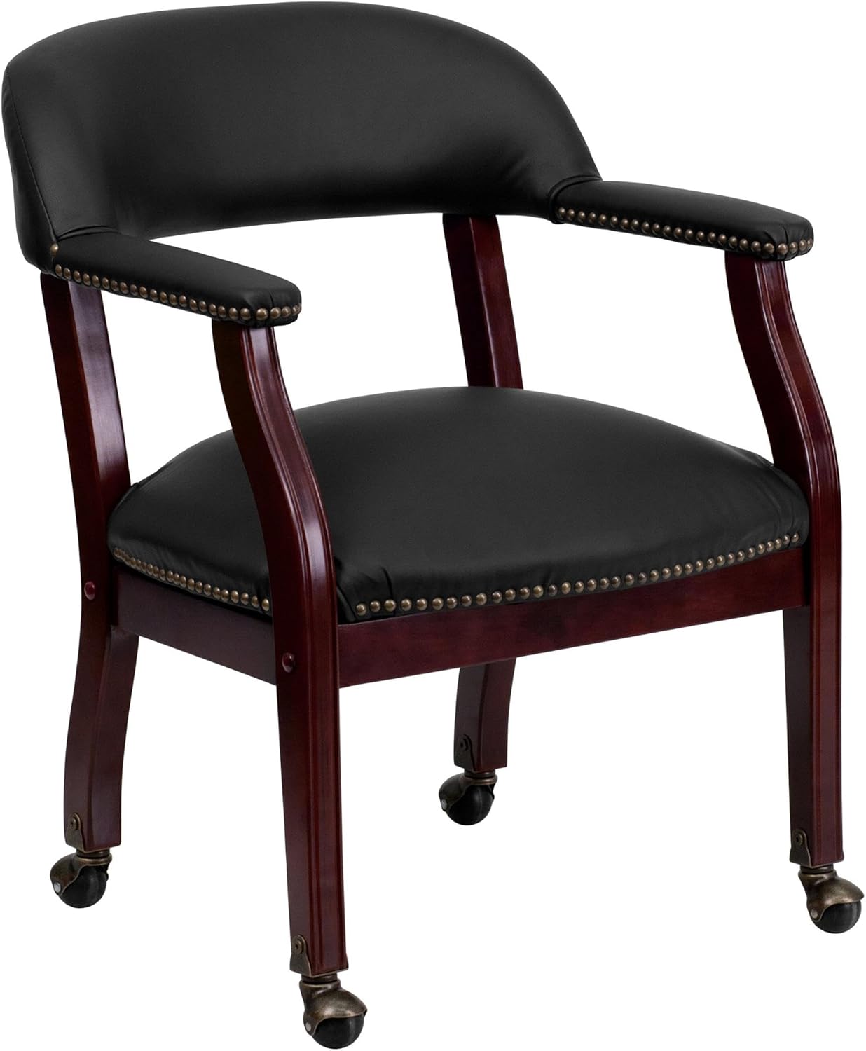BOWERY HILL Leather Guest Chair with Casters, Black LeatherSoft Upholstery, Padded Arms, Mahogany Frame, Brass Nail Head Trim, 31.5 in H x 24 in W x 27 in D, Office or Reception Seating