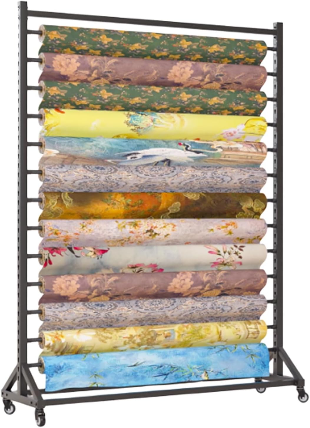 YVYKFZD Large Fabric Display Rack Cart, Commercial Fabric Roll Storage Rack with Adjustable Hanging Rod, Movable Metal Organizer Holder with Wheels, Wallpaper Displays, Save Space(160cm/62.9in,12-tier