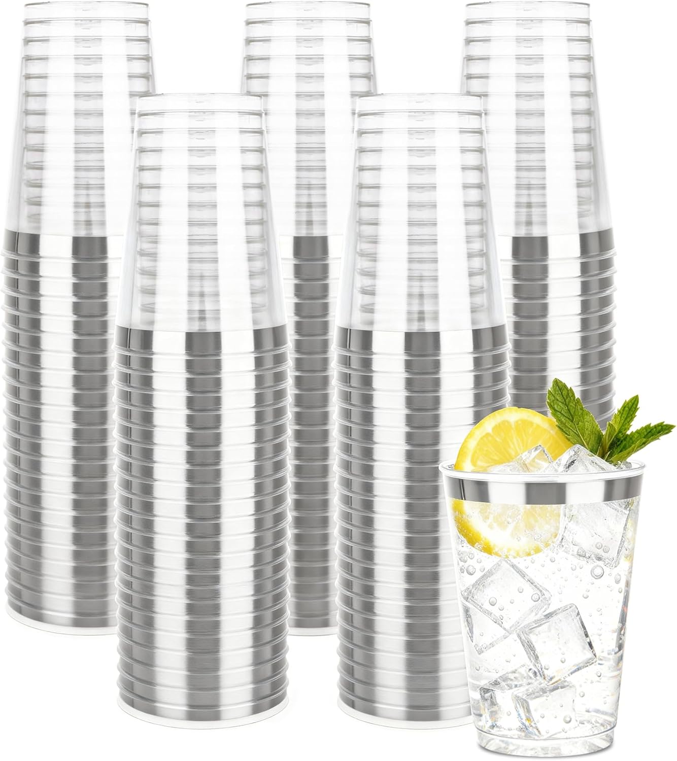 200 Pack Silver Plastic Cups, 12 Oz Clear Disposable Cups with Silver Rim, Heavy Duty Cocktail Cups for Party, Wedding and Daily Use
