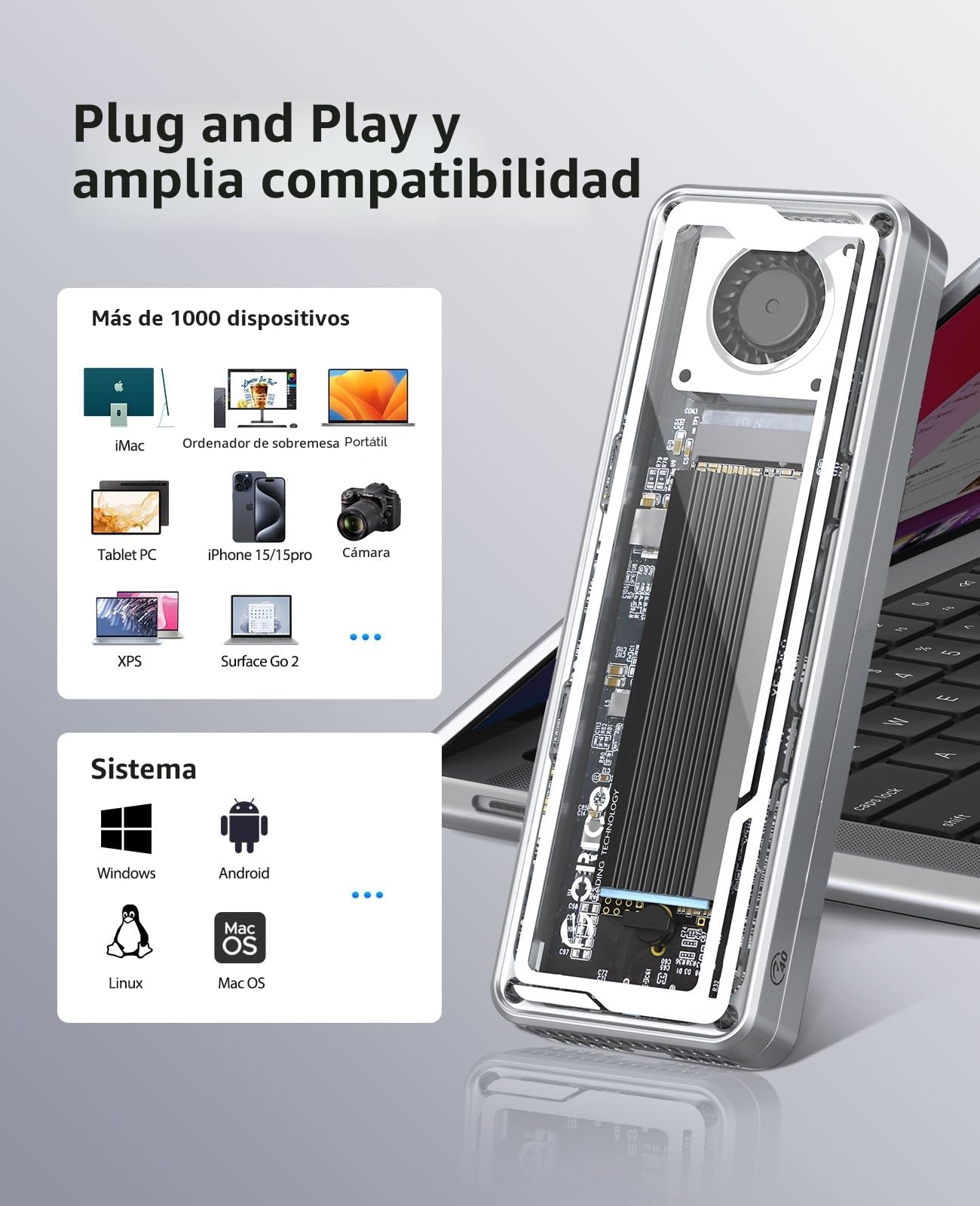 ORICO Adaptador de Carcasa SSD M.2 NVMe de 40 Gbps, Ventilador Integrado M.2, Carcasa Externa para M-Key SSD 2230/2242/2260/2280, Soporta hasta 8 TB, Compatible con Thunderbolt 3/4 USB4