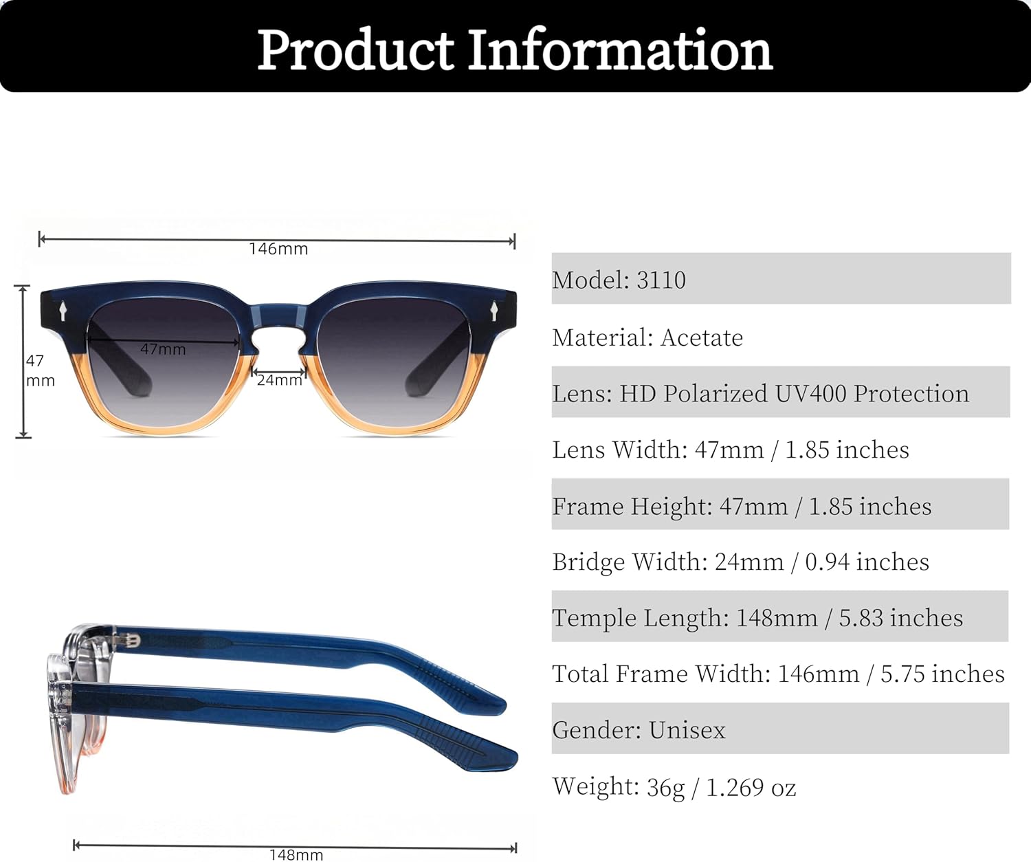 ROCKNIGHT Designer Acetate Classic HD Polarized Sunglasses UV400 Protection Unisex Outdoor Anti Glare Shades Flat Lens