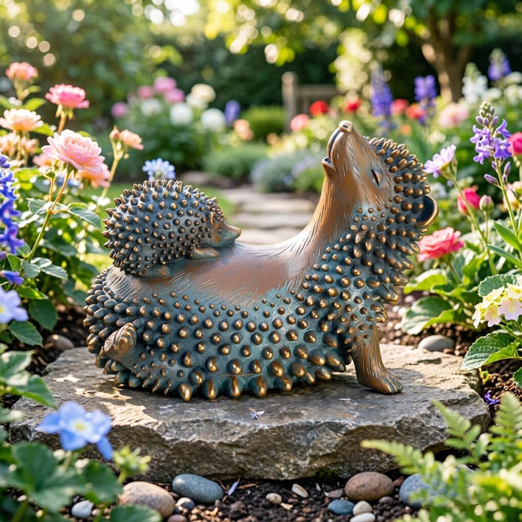 Resin Hedgehog Sculpture, Brown, Mother and Son Design, Outdoor Garden Decor, 7.87 x 6.3 x 5.51 Inches