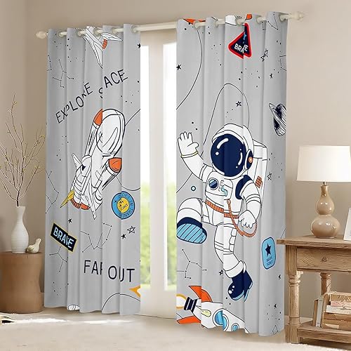 Miniatura 2 de Feelyou Cortinas de astronauta para niños, con estampado de cohetes espaciales, para niños y niñas, galaxia, cosmonauta, espacial, tratamiento,