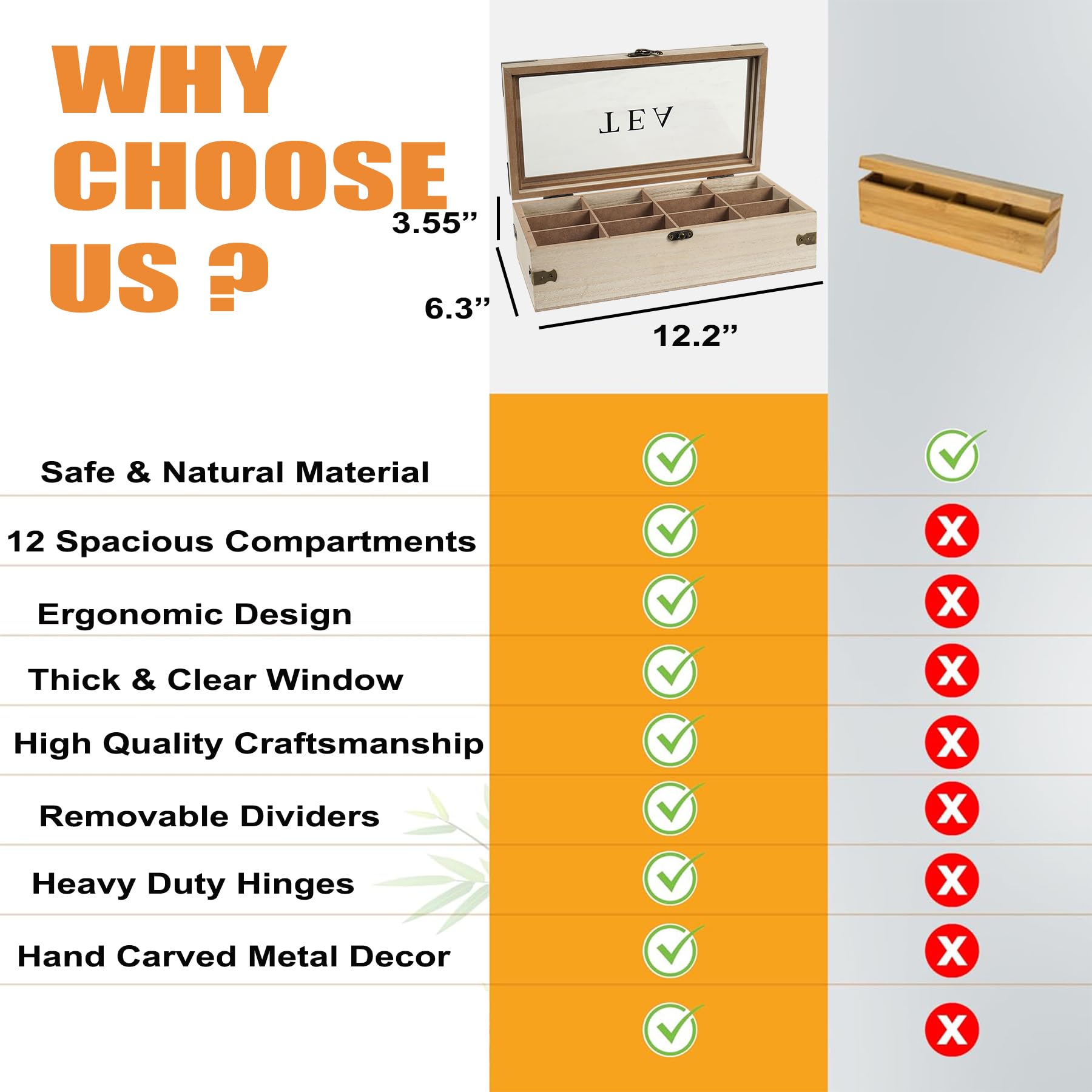 handrng Teebox-Organizer, Tee-Organizer für Teebeutel, Holz, 12 Fächer, Tee-Aufbewahrungs-Organizer, Teebeutelhalter mit transparentem Deckel für Tisch, Schrank, Schublade