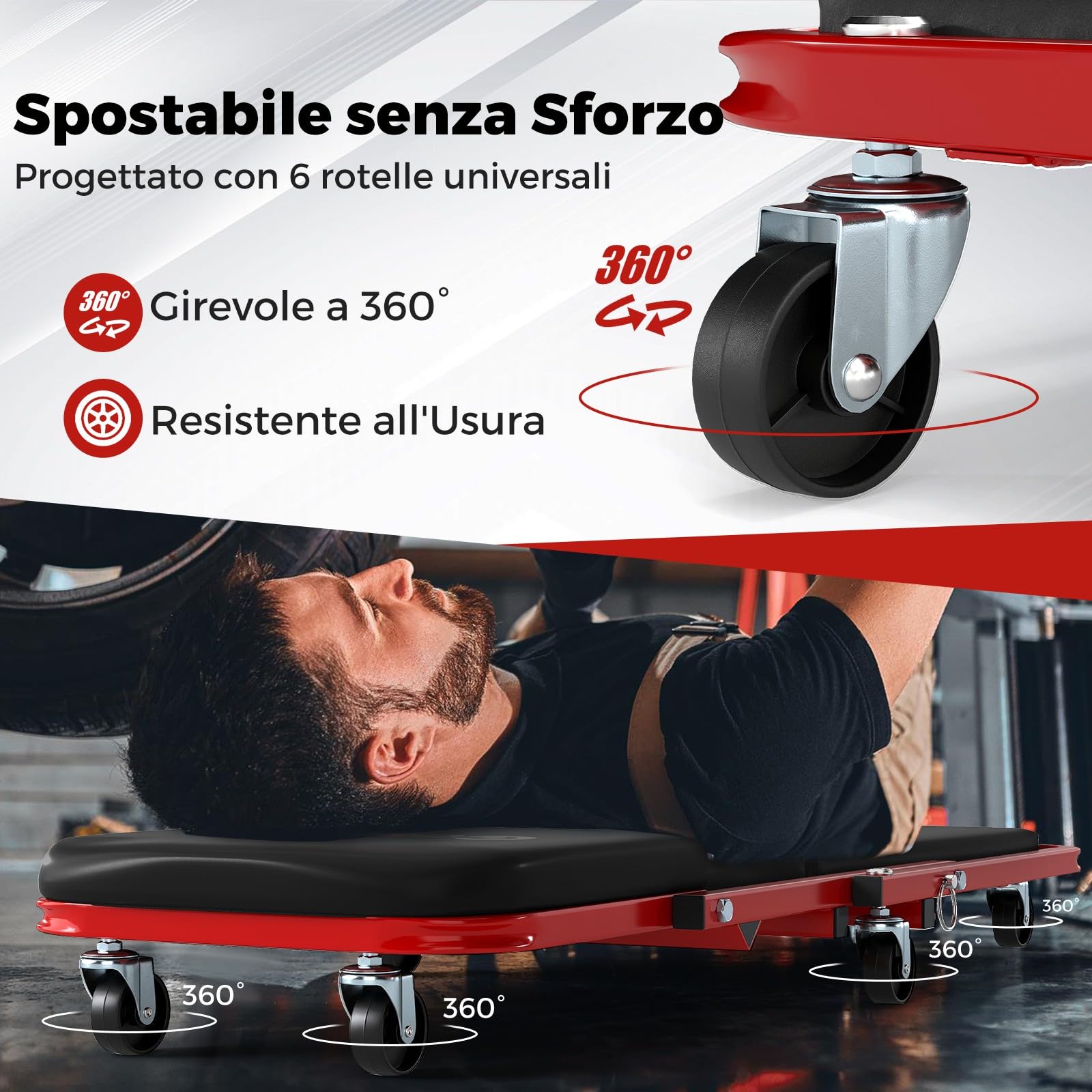 COSTWAY 2 in 1 Sgabello da Officina a Forma di Z, Carrello Meccanico sotto Auto con Sedile Imbottito e Ruote Girevoli a 360°, Portata 150 kg, per Garage e Officina (Nero)