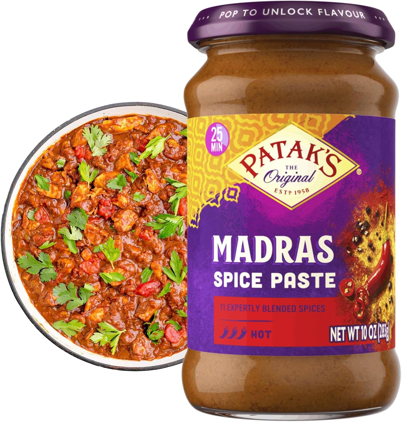 Patak's Madras Spice Paste, Hot Indian Curry with 11 Expertly Blended Spices, No Artificial Colors, Gluten-Free & Vegan, Bold Base for Home Cooking & More, 10 oz Jar