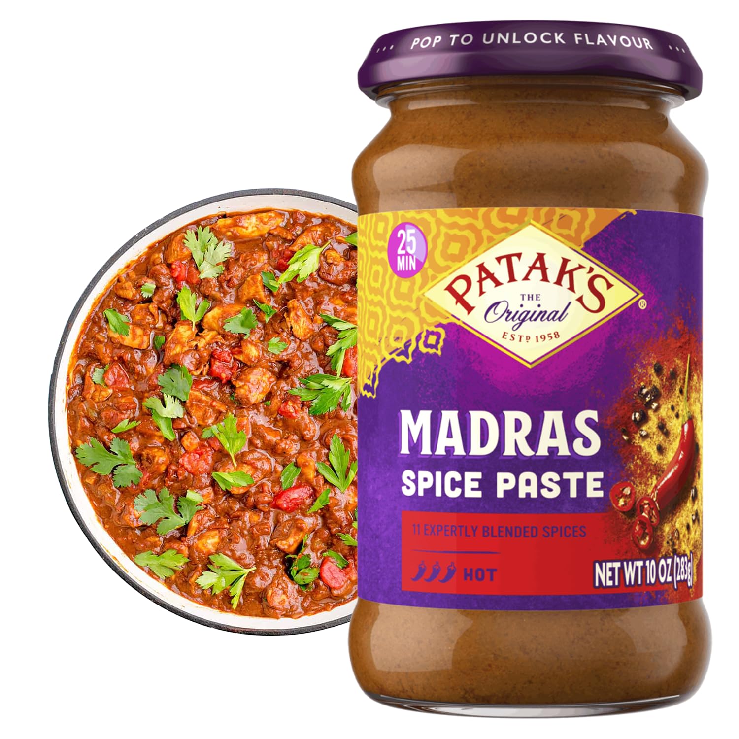 Patak’s Madras Spice Paste - Hot Indian Curry Paste with 11 Expertly Blended Spices - No Artificial Colors, Gluten-Free and Vegan - Bold Madras Curry Base for Home Cooking & More - 10oz Jar (Pack of 1)