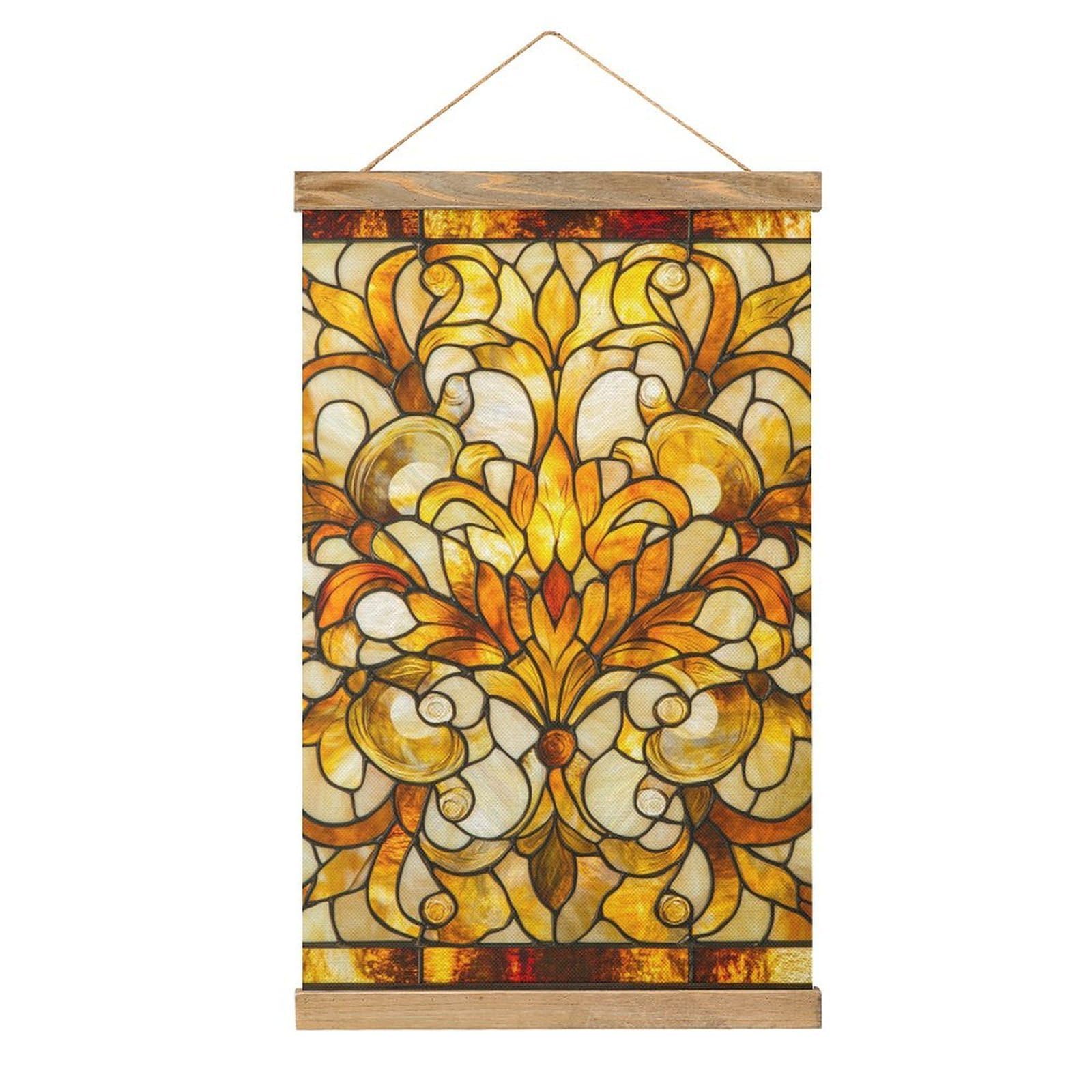 Jubonexis Stained Glass Panel Golden Yellows Floral Iridescent Canvas Painting Wood Frames Poster Hanger Hanging Picture Kit Wall Art