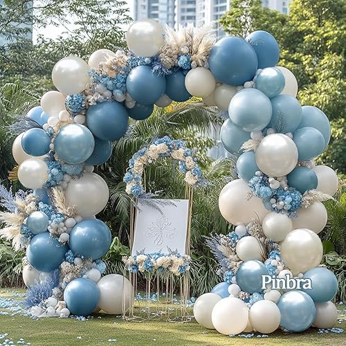 Miniatura 9 de Guirnalda de globos azul polvoriento, doble relleno, color azul pastel, blanco, arena, perla, kit de arco de globos para baby shower, cumpleaños,