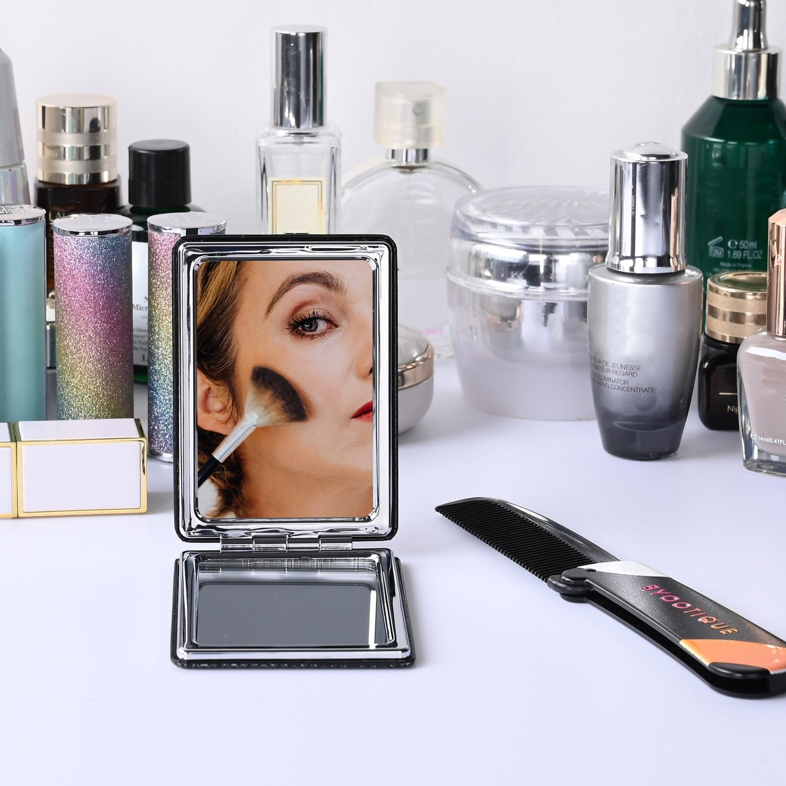 Kshavi 2-in-1 Pocket Mirror Magnifying Travel Makeup Compact Mirror Small Mirrors Bulk Handheld Pocket Purse Folding Portable Dual Beauty Cosmetics Mini Mirror for Women Girls Lady (Rectangular) 3