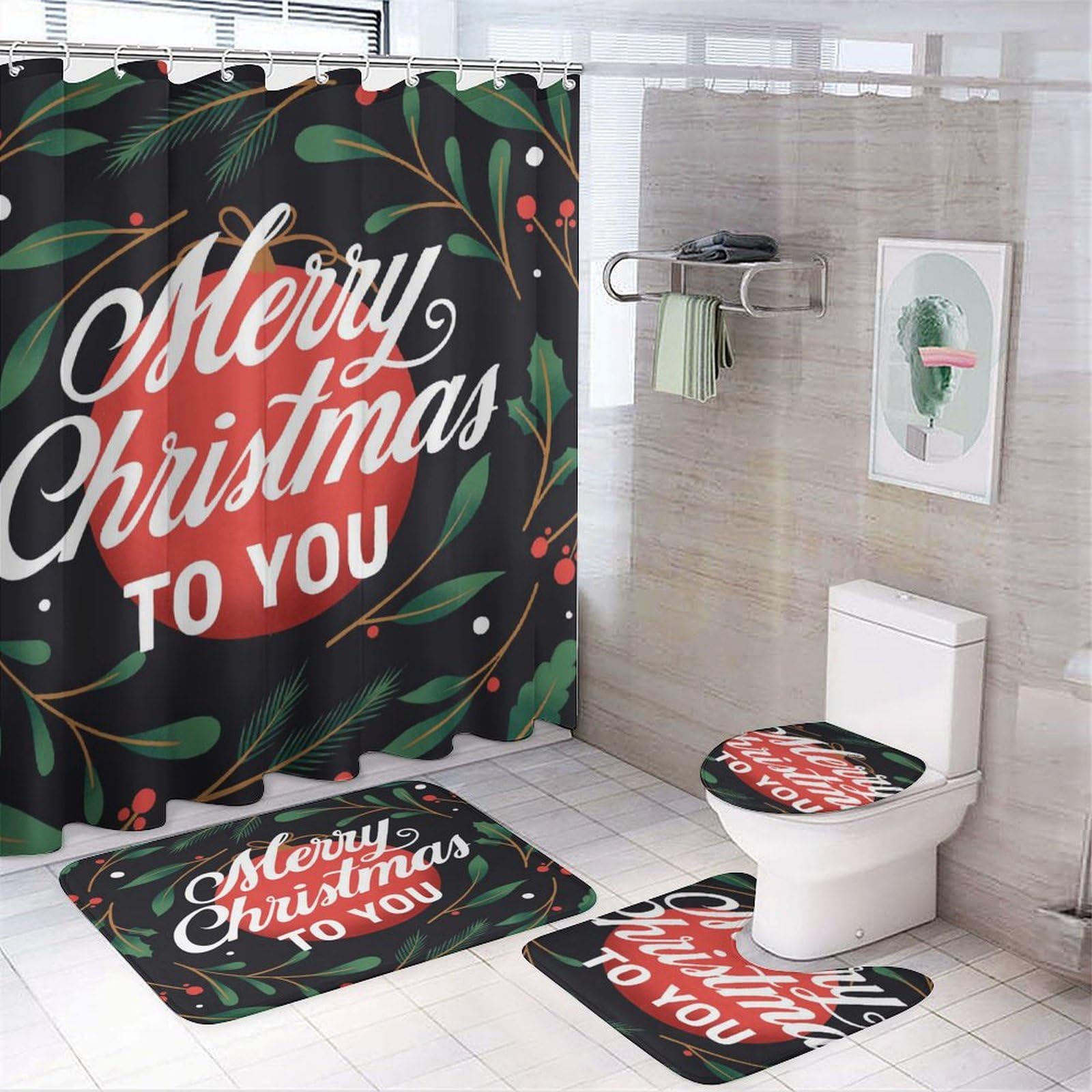 Feliz Navidad Baño de Cuatro Piezas Tappeto De Baño Absorbente Y Antideslizante, Ideal para Usar En Ducha Y Mantener El Suelo Seco 183×183cm