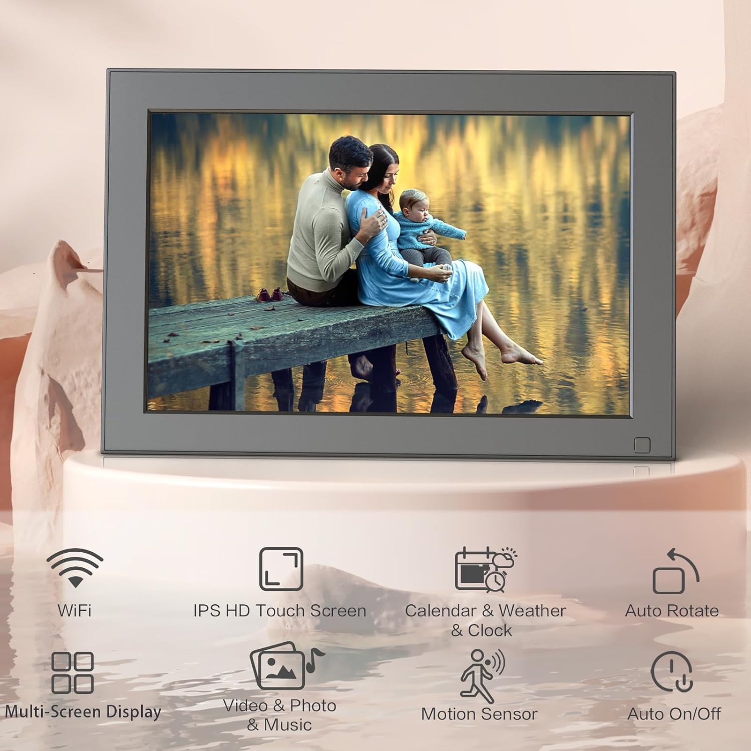 The smart picture frame in landscape orientation, with icons below it representing its features: WiFi, IPS HD Touch Screen, Calendar & Weather & Clock, Auto Rotate, Multi-Screen Display, Video & Photo & Music, Motion Sensor, and Auto On/Off.
