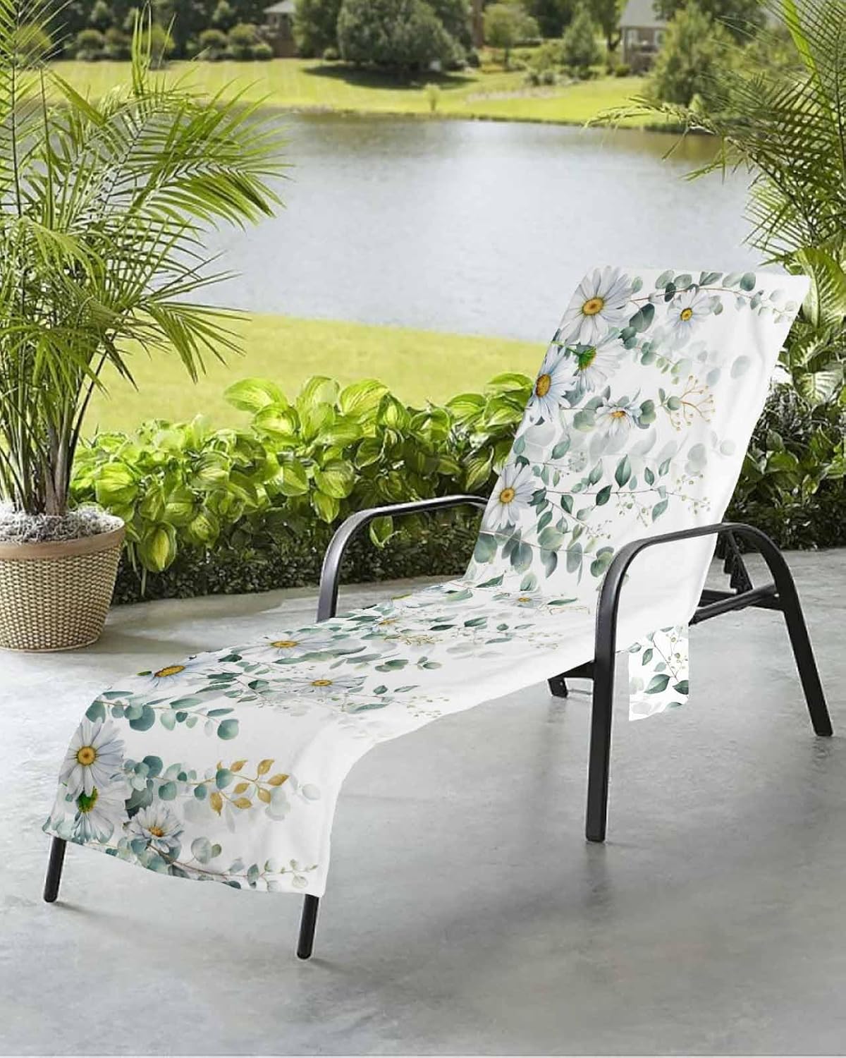 Eucalyptus Green Leaves Beach Pool Patio Lounge Chaise Chair Cover Towel With Pockets,Absorbent & Quick Dry Microfiber Towel Cover Bag Summer Sunbathing Accessories Farmhouse Summer Fall Daisy Flowers