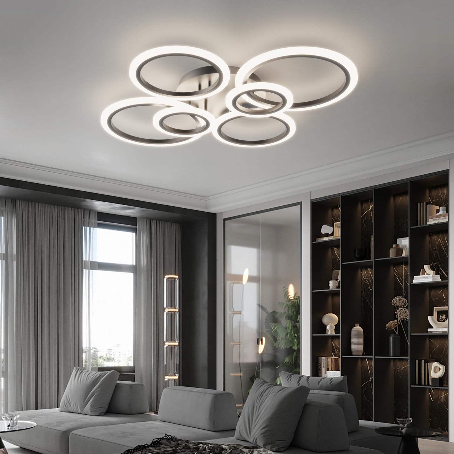 Plafondlamp met afstandsbediening, led-slaapkamerlamp, dimbaar, woonkamerlamp, voor kantoor, eetkamer, werkkamer, plafondverlichting, diameter 52 cm, kroonluchter, zwart goud, design, moderne
