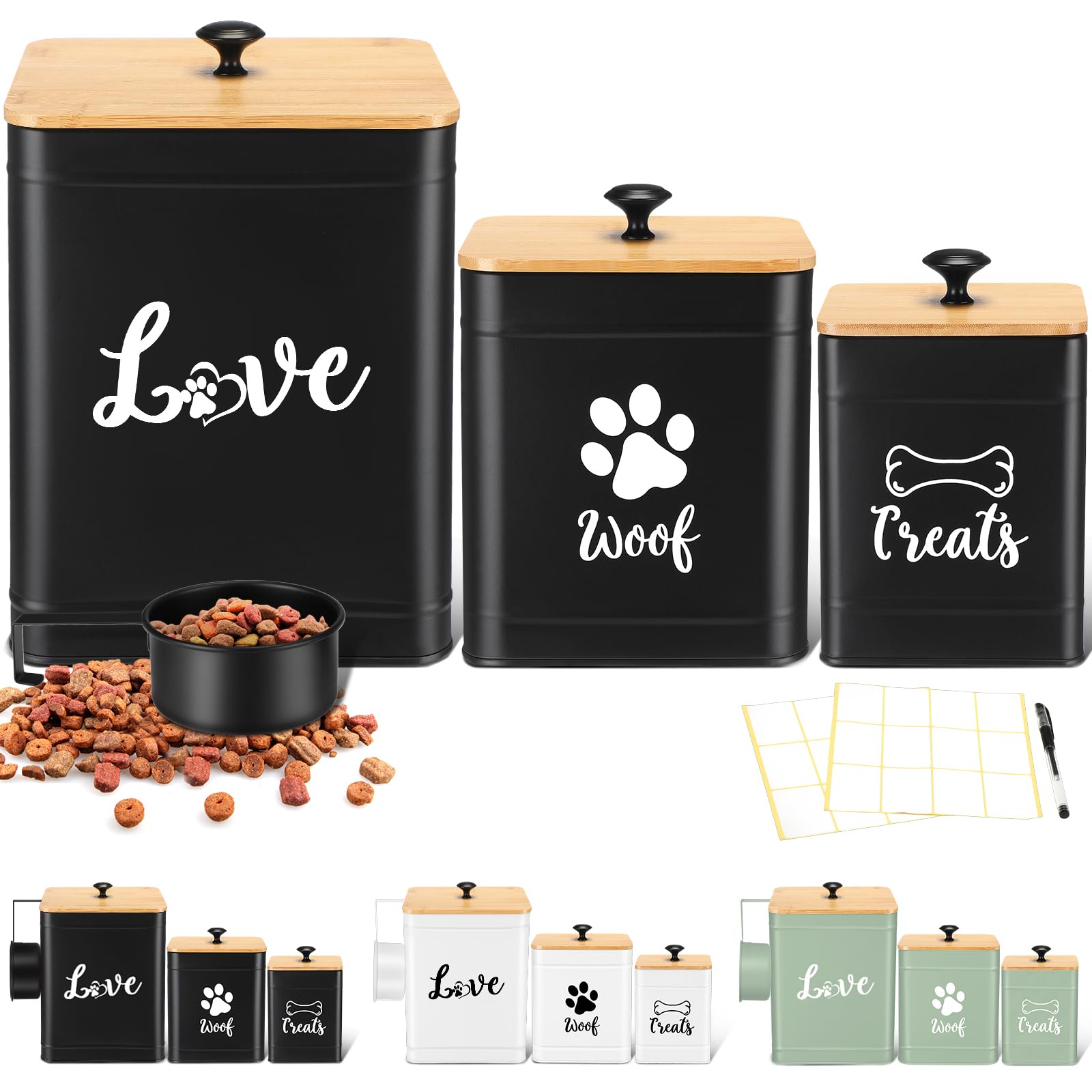 Jingmore Metal Dog Treat Containers Set of 3 with Bamboo Lids and Spoon Airtight 7+3+2 lbs Dog Food Snack Jars with DIY Labels Big Pet Cookie Storage