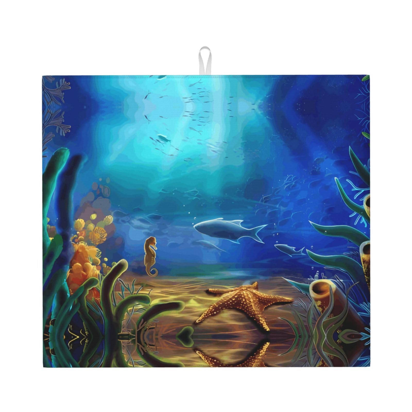 WHJDPP Ocean Seahorse Prints Kitchen Drying Mat - Absorbent Dish Drying Throw with Colorful Prints, Quick-Dry Countertop Layer for Dishes & Appliances - Non-Slip & Foldable