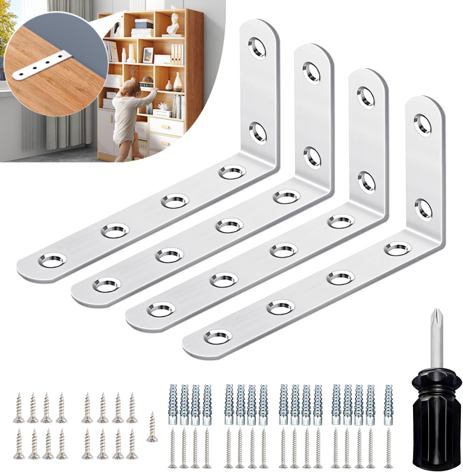 Furniture Anchors for Baby Proofing, Anti-Tip Wall Anchor Kit (4 Items)