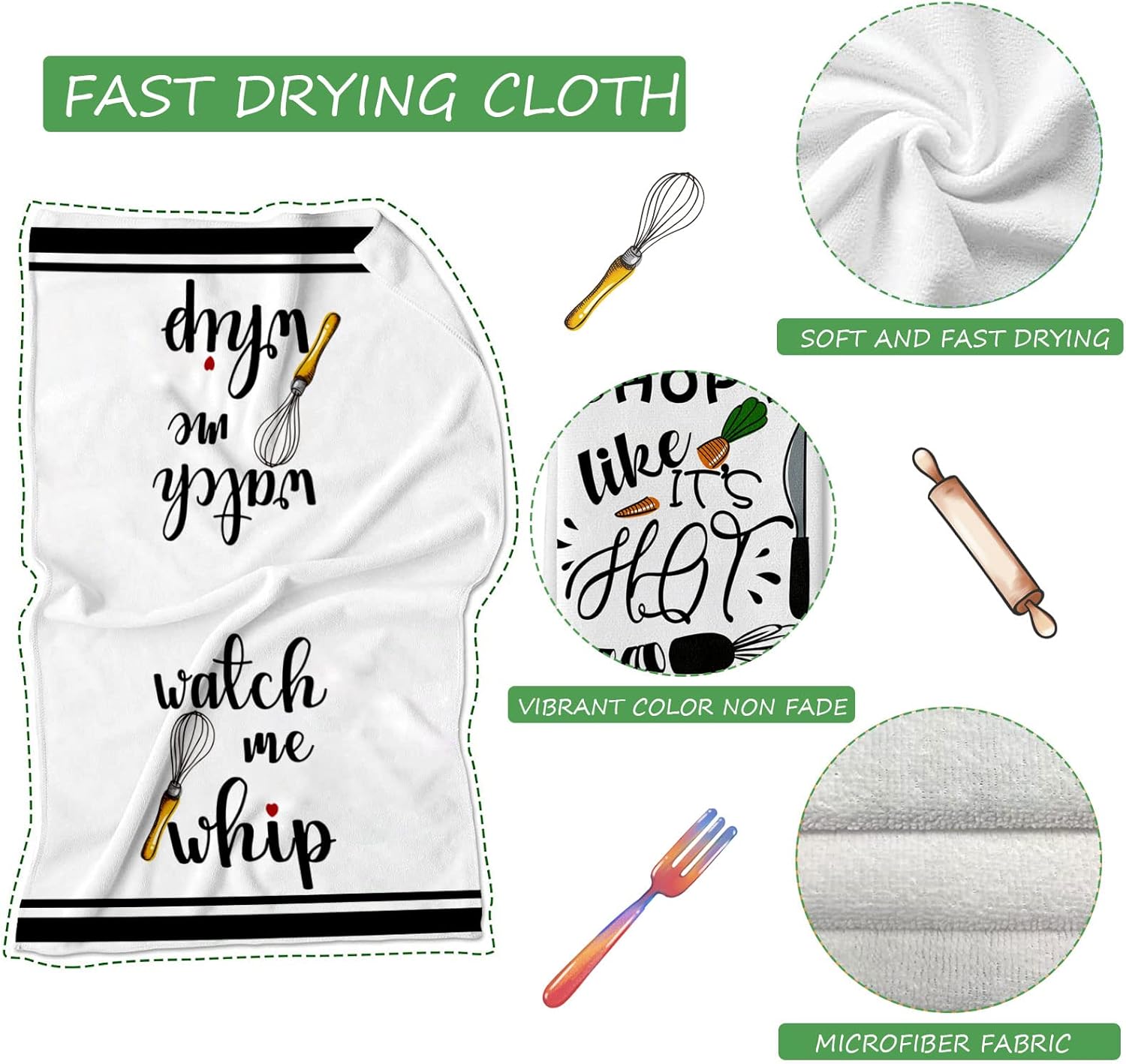 Funny Kitchen Towels and Dishcloths Sets of 4 Kitchen Towels with Sayings Egg Beater Rolling Pin Absorbent Drying Tea Dish Towel for Cooking Baking Home Decorations,18 x 28 Inch - Image 2