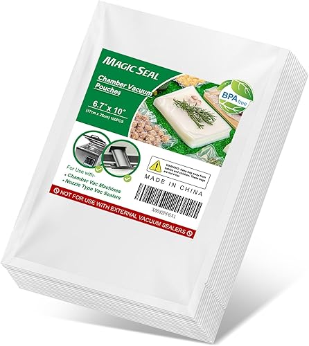 MAGIC SEAL Bolsas de vacío para máquina de cámara, sellador al vacío, bolsas planas lisas, 6.7 x 10 pulgadas, paquete de 100 unidades precortadas,