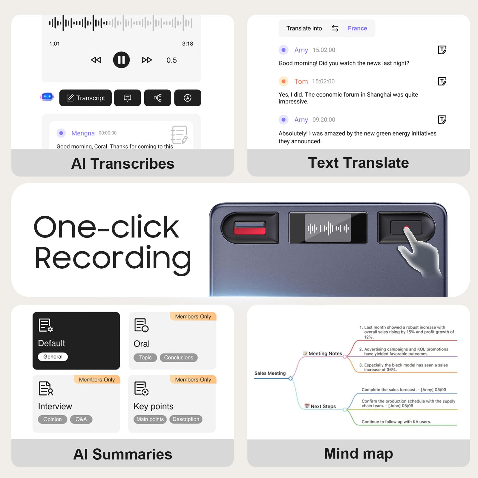 KI-Diktiergerät, RECPOINT Note Digitales Diktiergerät mit tiefer KI-Analyse, KI-Transkription & -Zusammenfassung, 110+ Sprachen, Geräuschunterdrückung, APP-Steuerung, 64 GB für Vorträge, Interviews