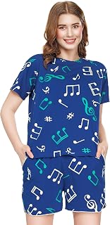 ZEYO Night Suit for Women's Musical Note's Printed Cotton Night Dress of Top and Short's Set 5741 Price In India