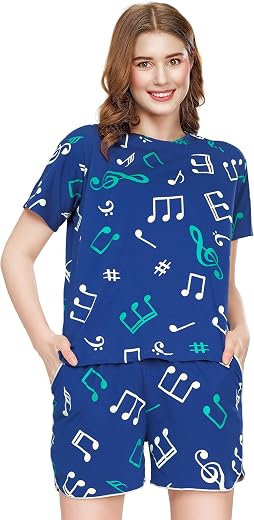 ZEYO Night Suit for Women's Musical Note's Printed Cotton Night Dress of Top and Short's Set 5741