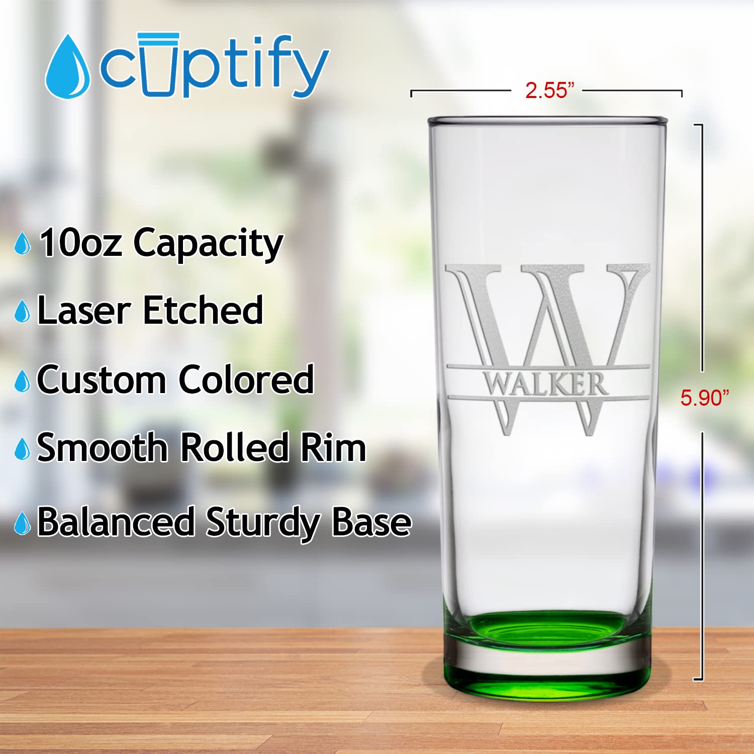 Personalized Highball 10.5 oz with Green Bottom, Custom Tall Collins Glass, Straight up Mixed Drink Cocktail - Initial with Name Gift