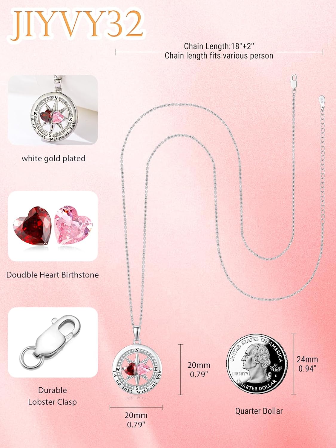 Compass Necklace for Women, Exquisite S925 Valentines Day Anniversary Birthday Gifts for Wife Her Double Birthstone Pendant Jewelry ‘I'd be Lost Without You’ - Image 2