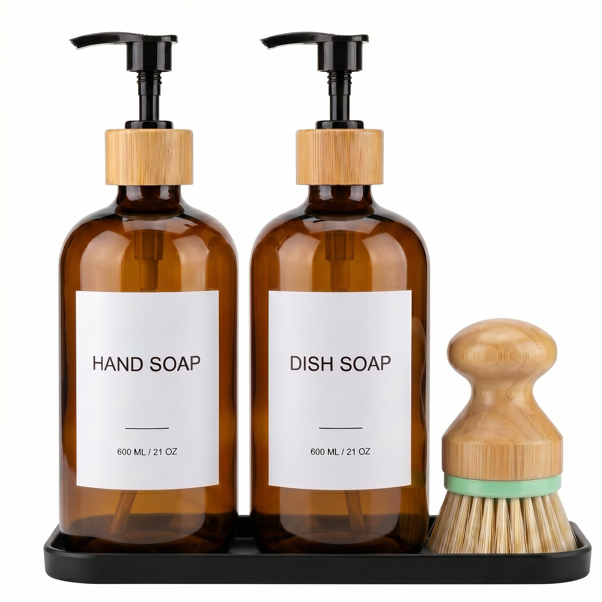 Hand & Dish Soap Dispenser with Dish Brush, Washing Up Liquid Dispenser Set 600ml/21oz, PET Plastic Bottle with Bamboo Pump, Silicone Tray & 8 Waterproof Labels for Kitchen Sink (Amber)