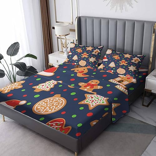 THYUNQ Juego de sábanas de Navidad con diseño de pan de jengibre dividido tamaño King para cama ajustable, sábanas y fundas de almohada con patrón