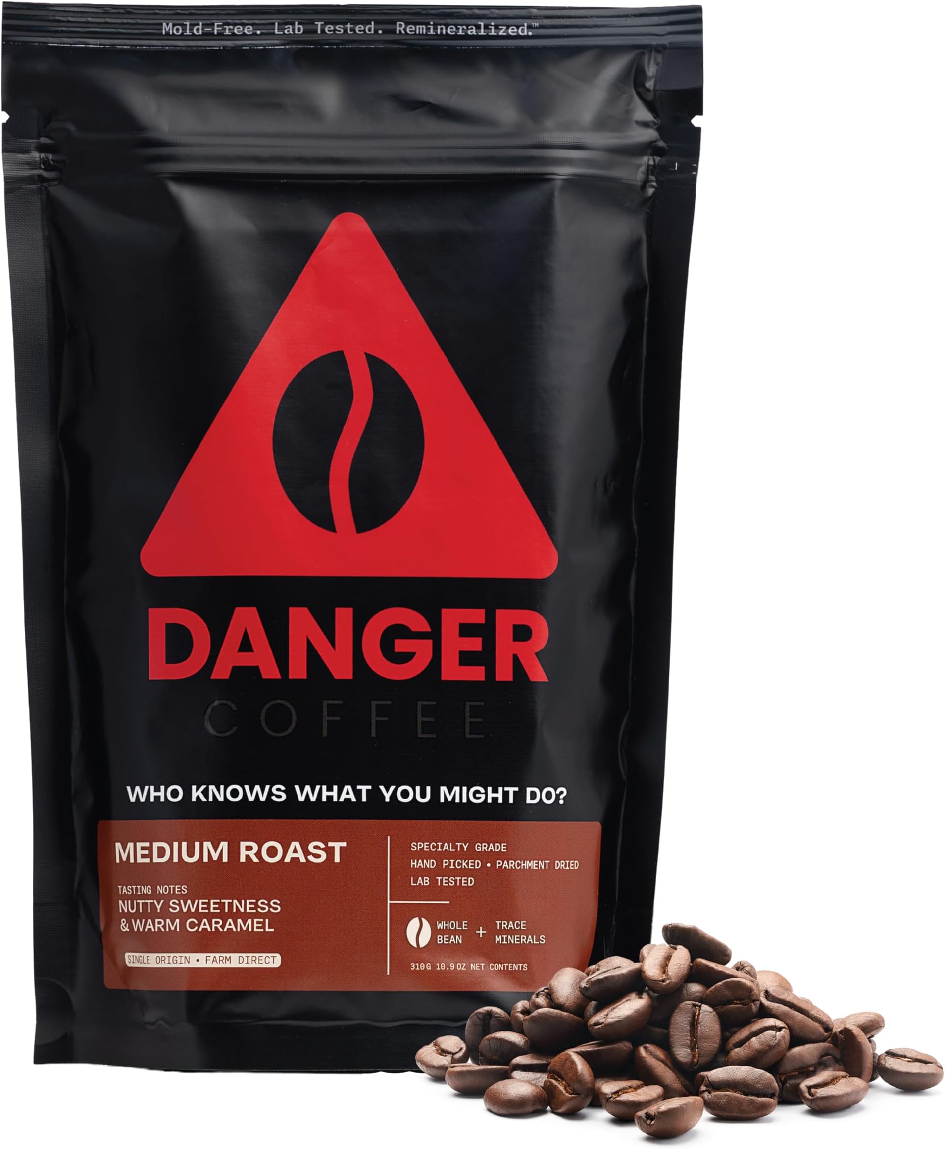 Danger Coffee by Dave Asprey, Remineralized, Mould & Lab Tested Whole Bean Coffee, Medium Roast, 10.9 oz