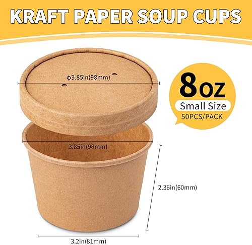 Miniatura 8 de Paquete de 50 recipientes de sopa con tapas, recipientes desechables y biodegradables, cuencos de papel kraft de 12 onzas con tapa para beber