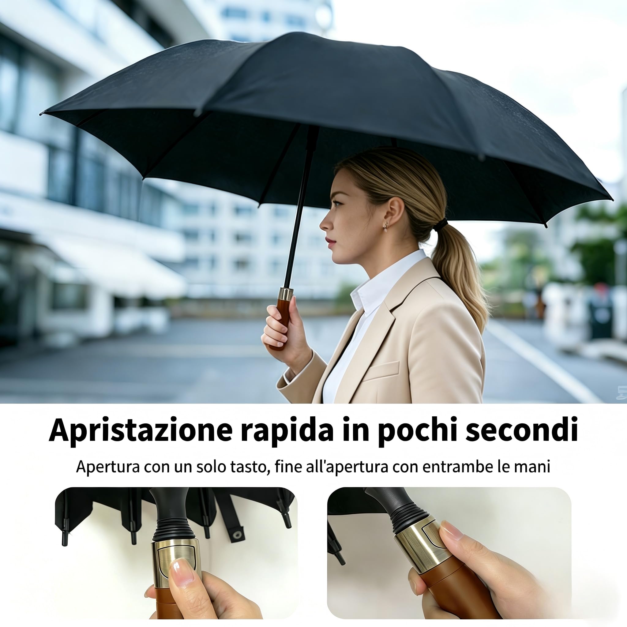 1&S Ombrello generico con manico lungo [prodotto 2026] apertura e chiusura utomatica, spazio per 3 persone, manico in legno di fascia alta, uomo donna business general gentleman's ombrello