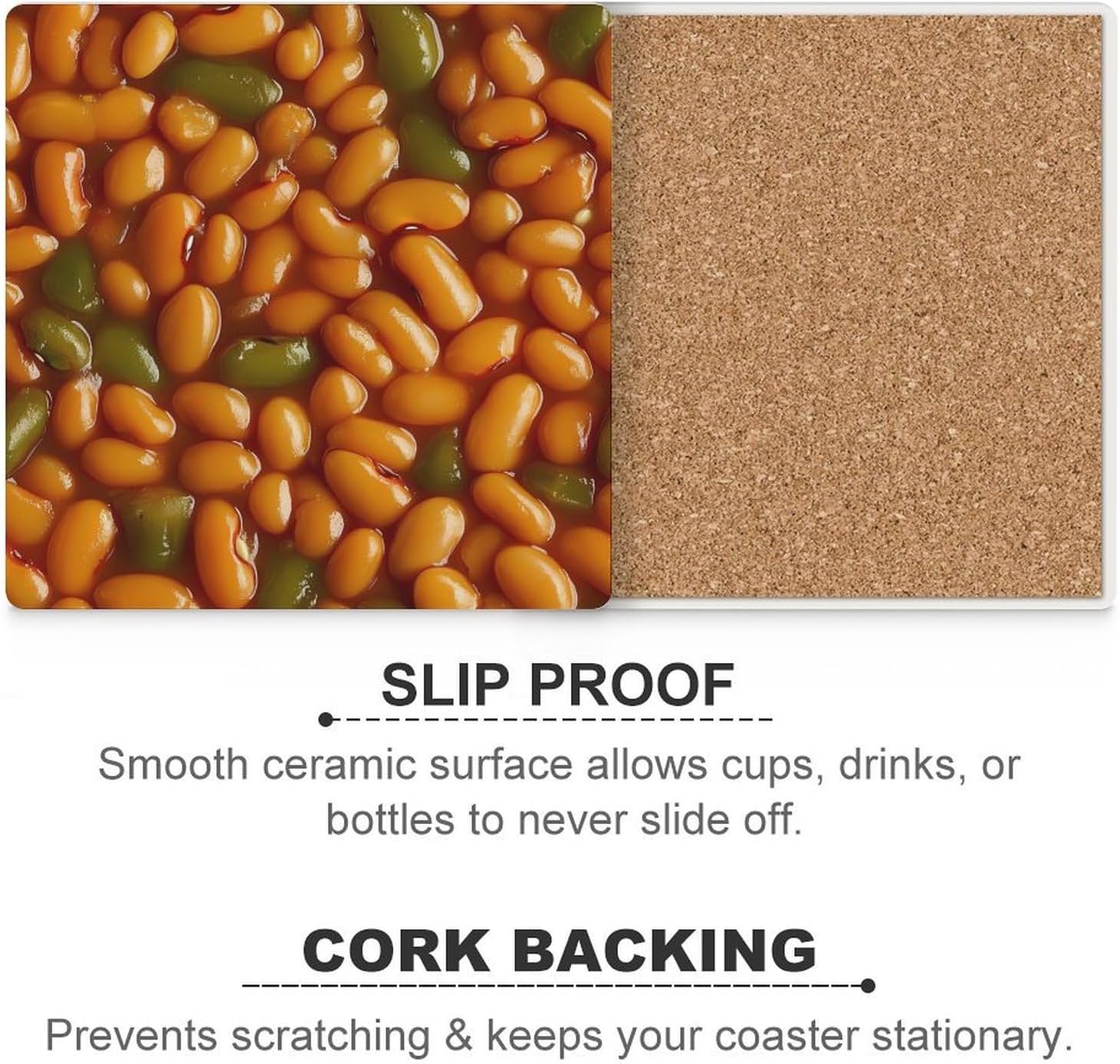 Baked Beans Food Funny Ceramic Coasters for Drinks Absorbent Cup Holder Tabletop Protector with Cork Base