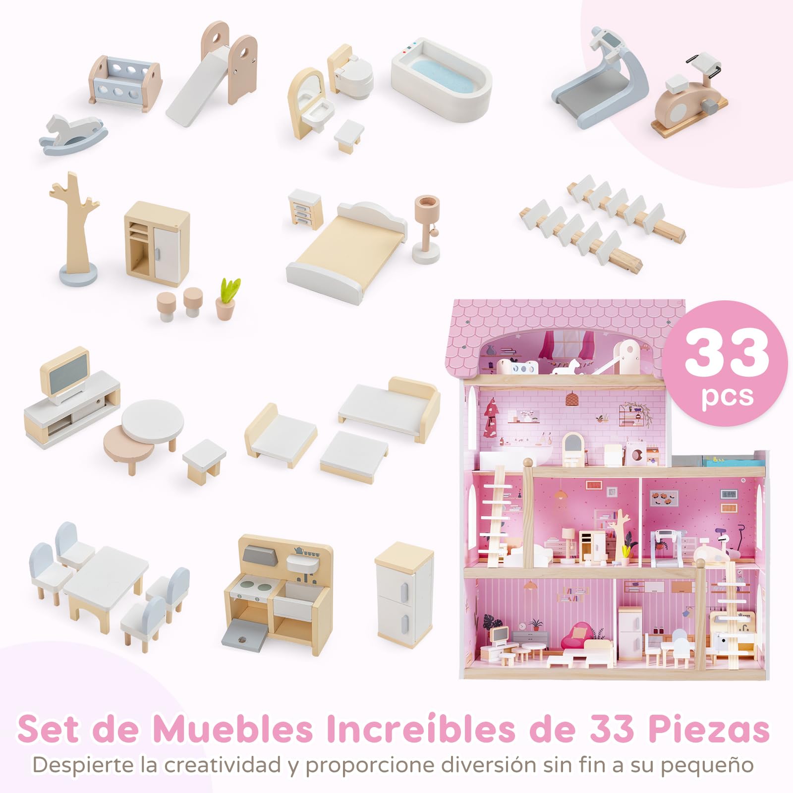 RELAX4LIFE Casa de Muñecas Madera de 4 Pisos con 33 Accesorios, 6 Habitaciones, Terraza, Piscina y 2 Escaleras, Casita de Muñecas de MDF y Madera Pino para Niños 3+ Años, 62x25x78cm (Rosa)