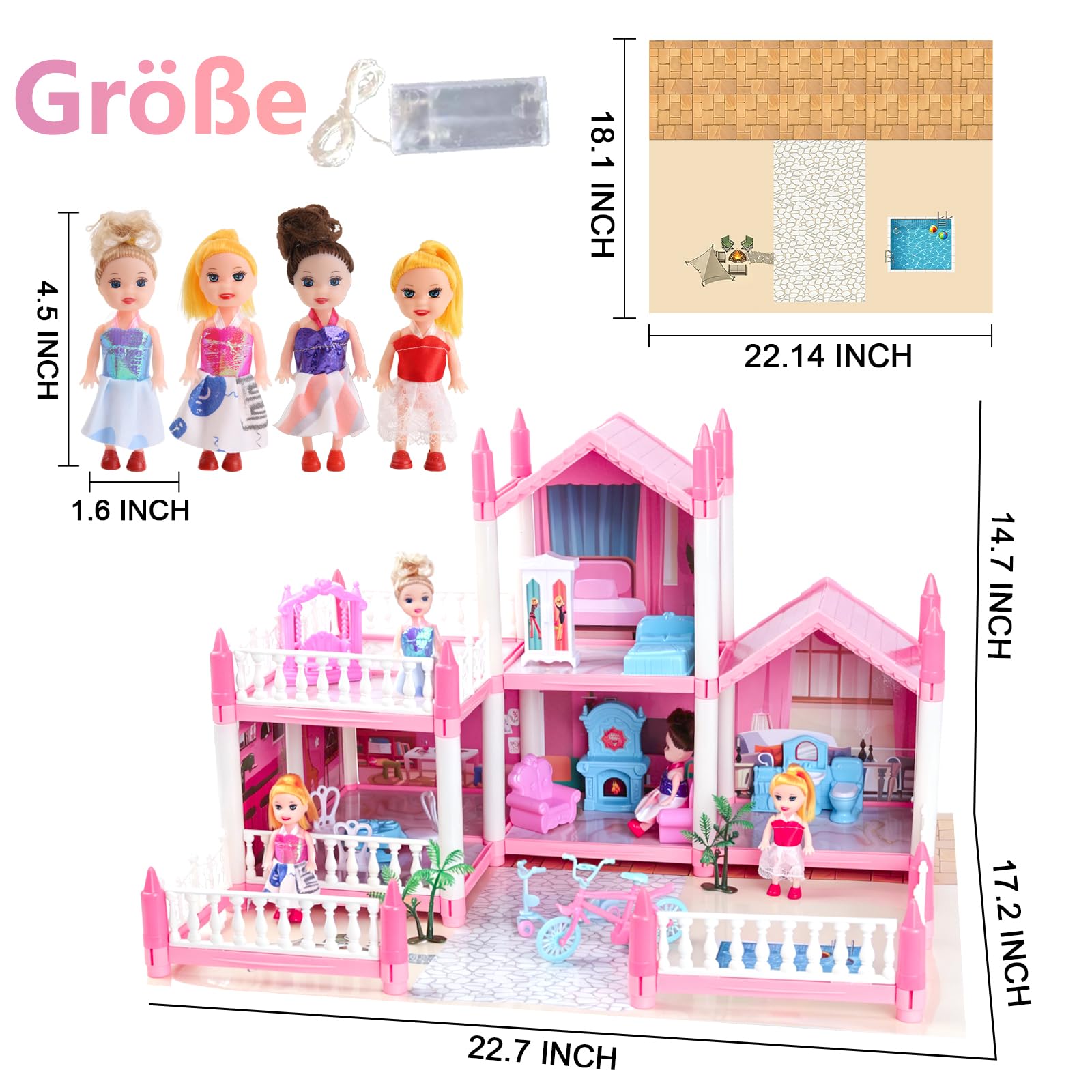 Puppenhaus für Mädchen mit Licht, Spielmatte, Puppen und Möbeln für Kinder von 3–8 Jahren
