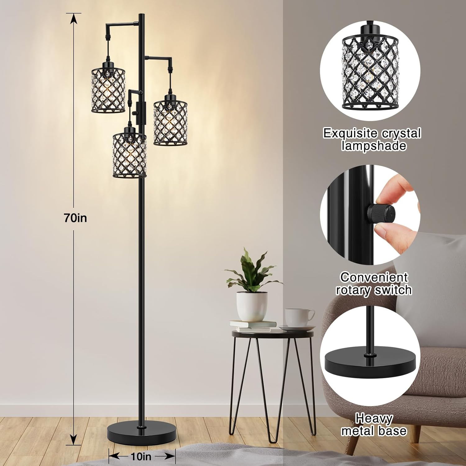 GyroVu Crystal Floor Lamps for Living Room, 3-Light Black Floor Lamp, Standing Tall Lamp with Elegant K9 Crystal Shade & Rotary Switch, Modern Corner Floor Lamp for Bedroom, Home Office, Reading
