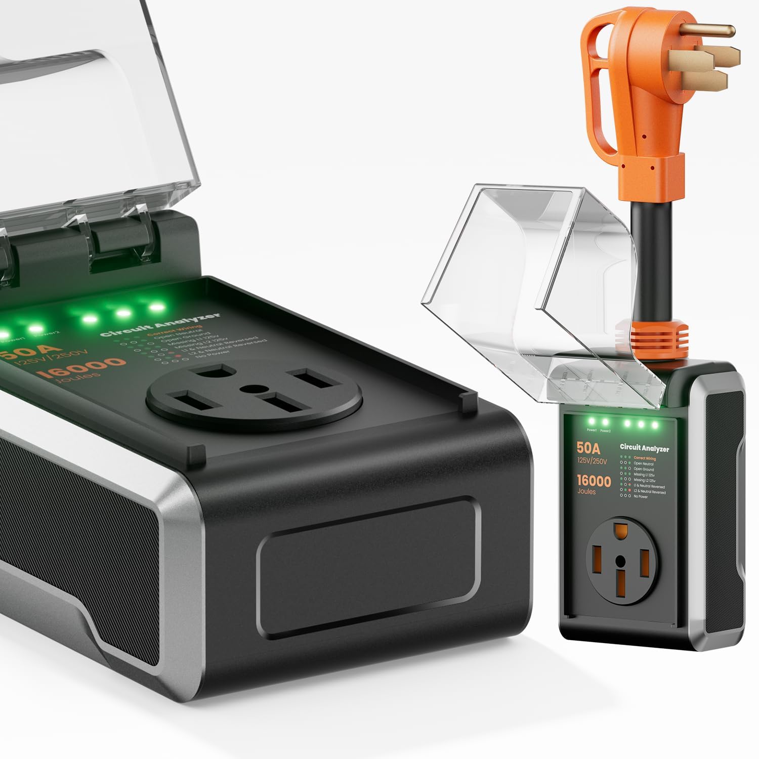 50 amp Surge Protector for RV, 2026 Upgraded 16000J Surge Protection RV Circuit Analyzer, RV Surge Voltage Protector with Waterproof Cover, RV Plug Adapter for Camper, Travel Trailers